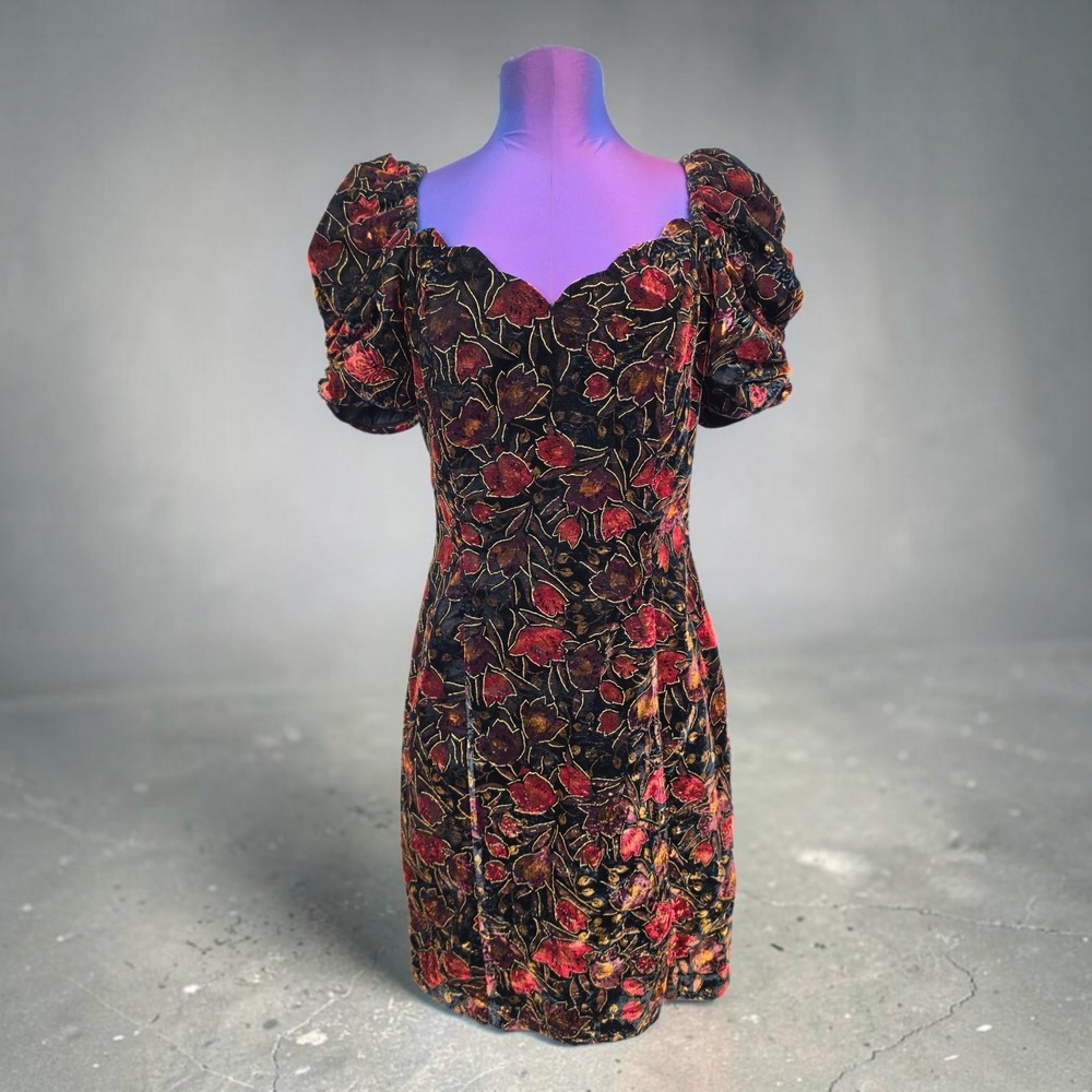 Vintage LA GLO Floral Velvet Metallic Mini Dress 90s Puffy Sleeve Red Gold 7/8
